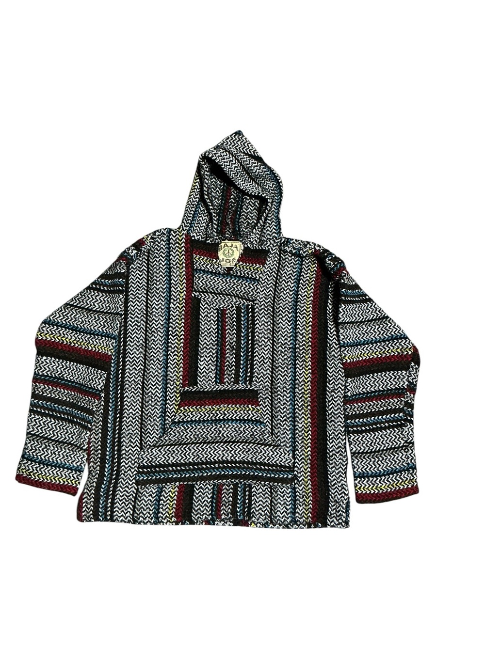 Striped Baja-Style Hooded Zip-Up Sweater - Black, White & Red Accents